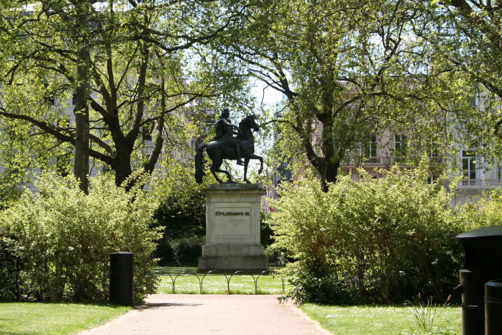 St James's Square London, with London Plane trees, shrubs and statue of King William III