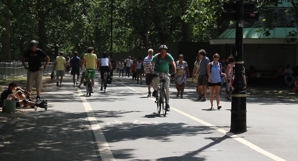 Hyde Park. The Royal Parks Agency does a brilliant job of managing a cycle path that is shared with pedestrians, roller bladers and others