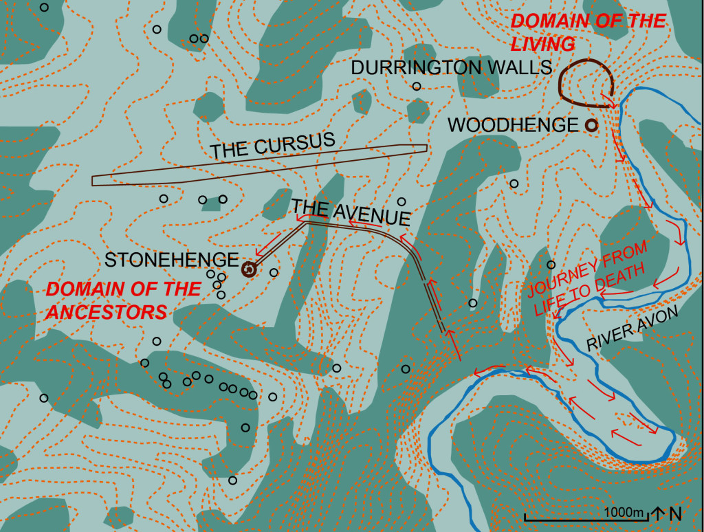 Stonehenge shown with what is believed to be its ancient treecover pattern. It was a ceremonial landscape with two settlements, routes and an enclosure with spiritual significance. Its use is now thought to compare with that of the greatest western example of landscape architecture in the ancient world: the Domain of Amun in Egypt. As at Thebes, the people of Stonehenge processed from the Domain of the Living to the Domain of the Ancestors.