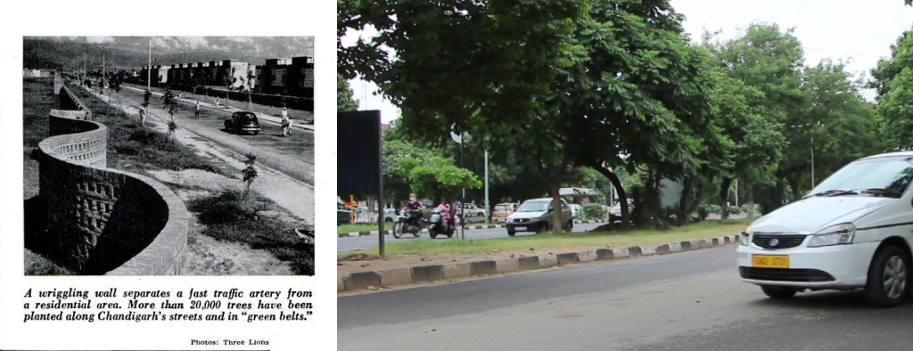 Chandigarh's roads were bare and empty when westerners began criticising the design of the new town. Today, the roads are very busy and well-shaded by banyan trees (photo from The Rotarian, 1959). They are now well-shaded, busy and convenient (right, photo in 2013)