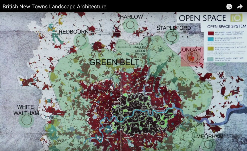 The British New Towns, as compositions of landform, water, and vegetation with buildings and pavings, were planned by members of the Institute of Landscape Architects, ILA (now the Landscape Institute, LI)